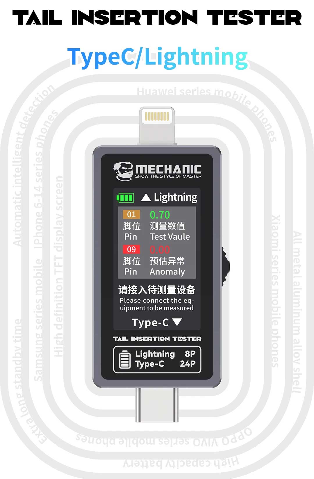 Mechanic T-824 Type-C To Lightning High Precision Digital Display Tail Insertion Tester