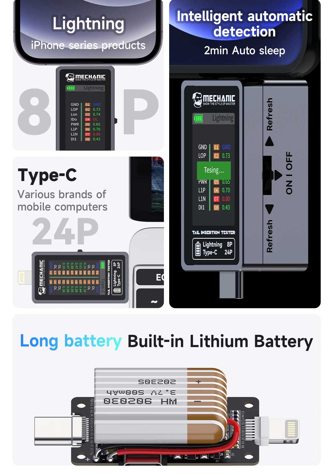 Mechanic T-824 Type-C To Lightning High Precision Digital Display Tail Insertion Tester